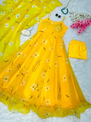 Beautiful digital printed fully stitched organza silk yellow anarkali